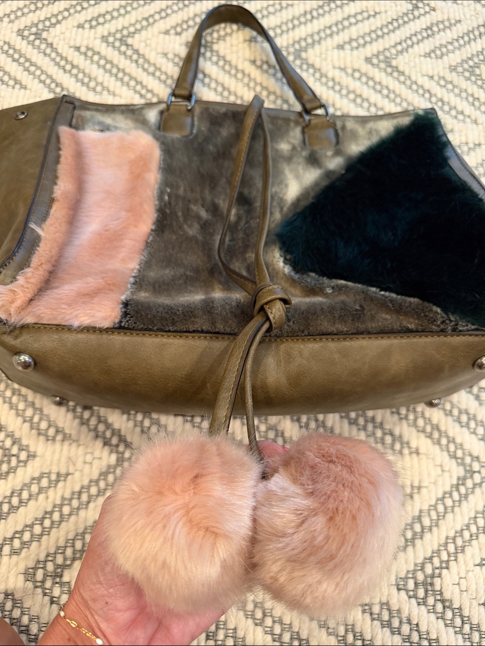 Sondra Roberts Olive Leather Tote with Pink and Black Fur Panels